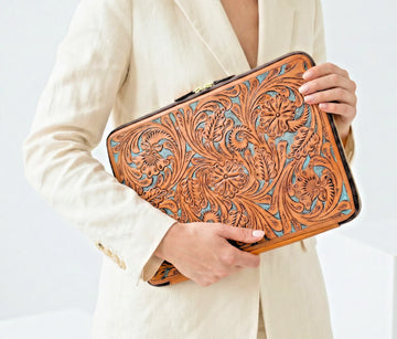 Handmade Tooled Leather Laptop Sleeve, Embossed Floral Design, Executive Organizer, Gift For Men And Women