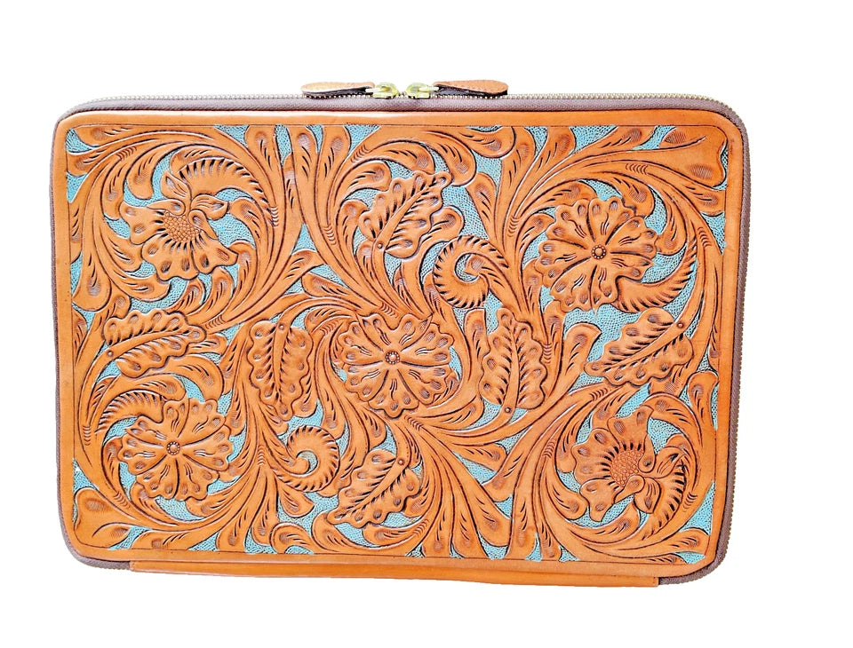 Handmade Tooled Leather Laptop Sleeve, Embossed Floral Design, Executive Organizer, Gift For Men And Women