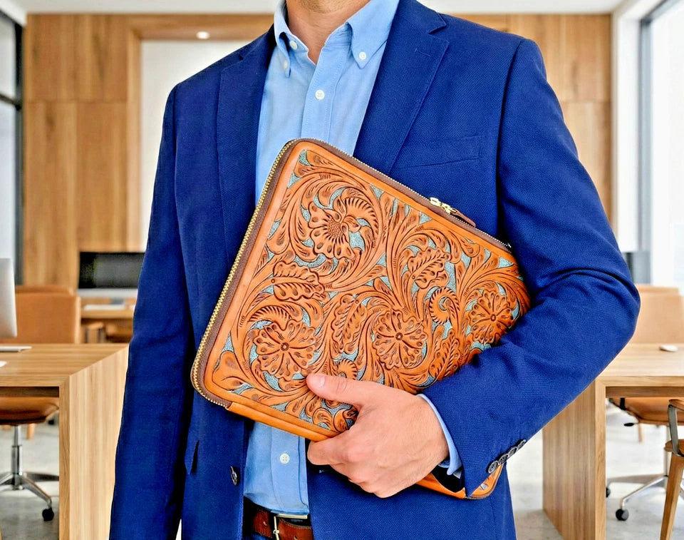 Handmade Tooled Leather Laptop Sleeve, Embossed Floral Design, Executive Organizer, Gift For Men And Women
