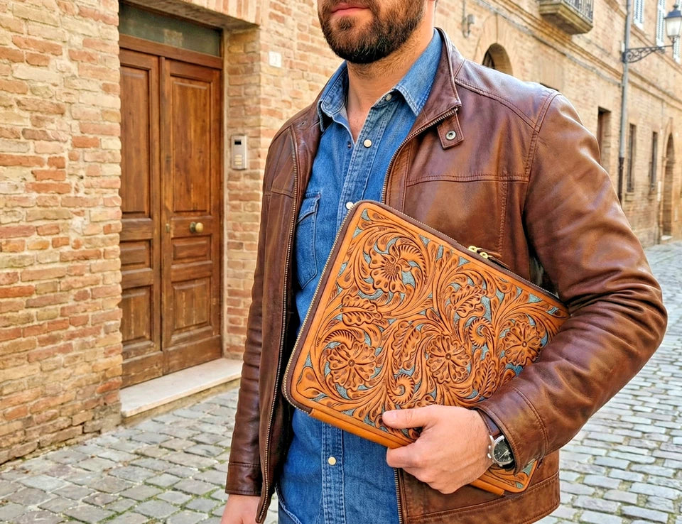 Handmade Tooled Leather Laptop Sleeve, Embossed Floral Design, Executive Organizer, Gift For Men And Women