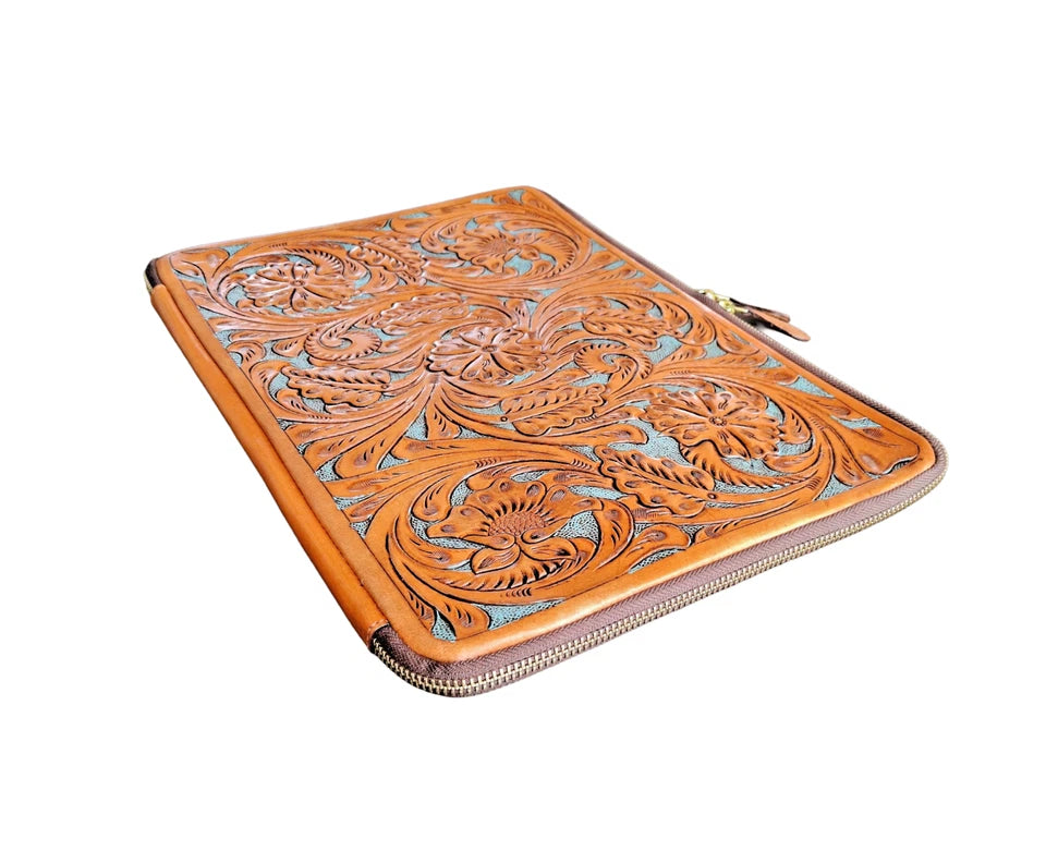 Handmade Tooled Leather Laptop Sleeve, Embossed Floral Design, Executive Organizer, Gift For Men And Women