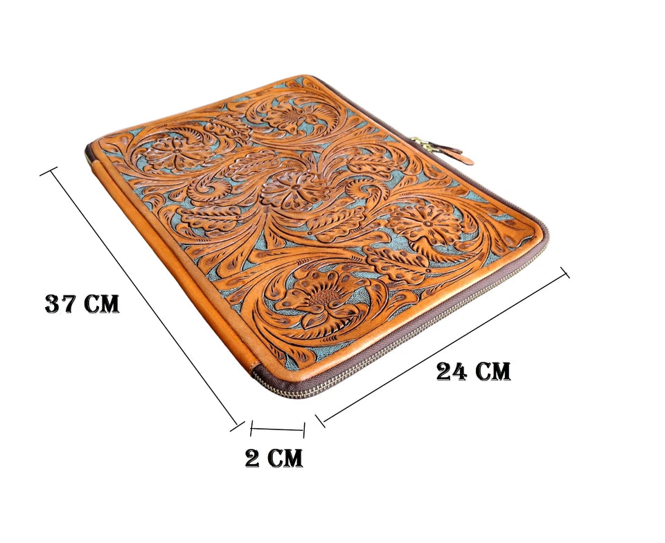 Handmade Tooled Leather Laptop Sleeve, Embossed Floral Design, Executive Organizer, Gift For Men And Women