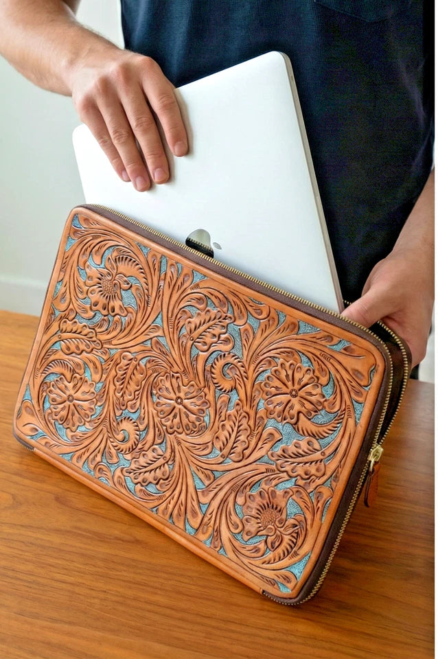 Handmade Tooled Leather Laptop Sleeve, Embossed Floral Design, Executive Organizer, Gift For Men And Women