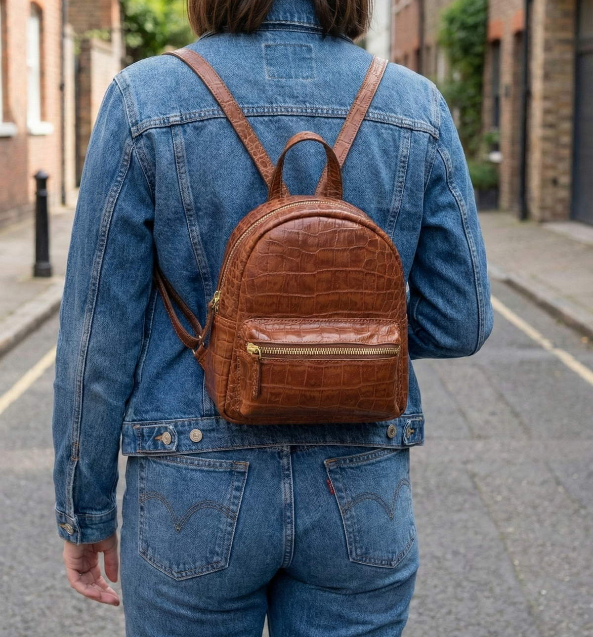 Handmade Leather Croc-Embossed Backpack, Minimalist Rucksack