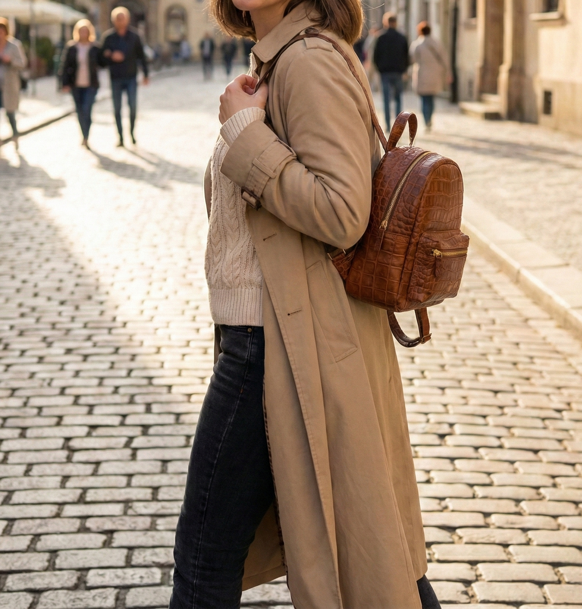 Handmade Leather Croc-Embossed Backpack, Minimalist Rucksack
