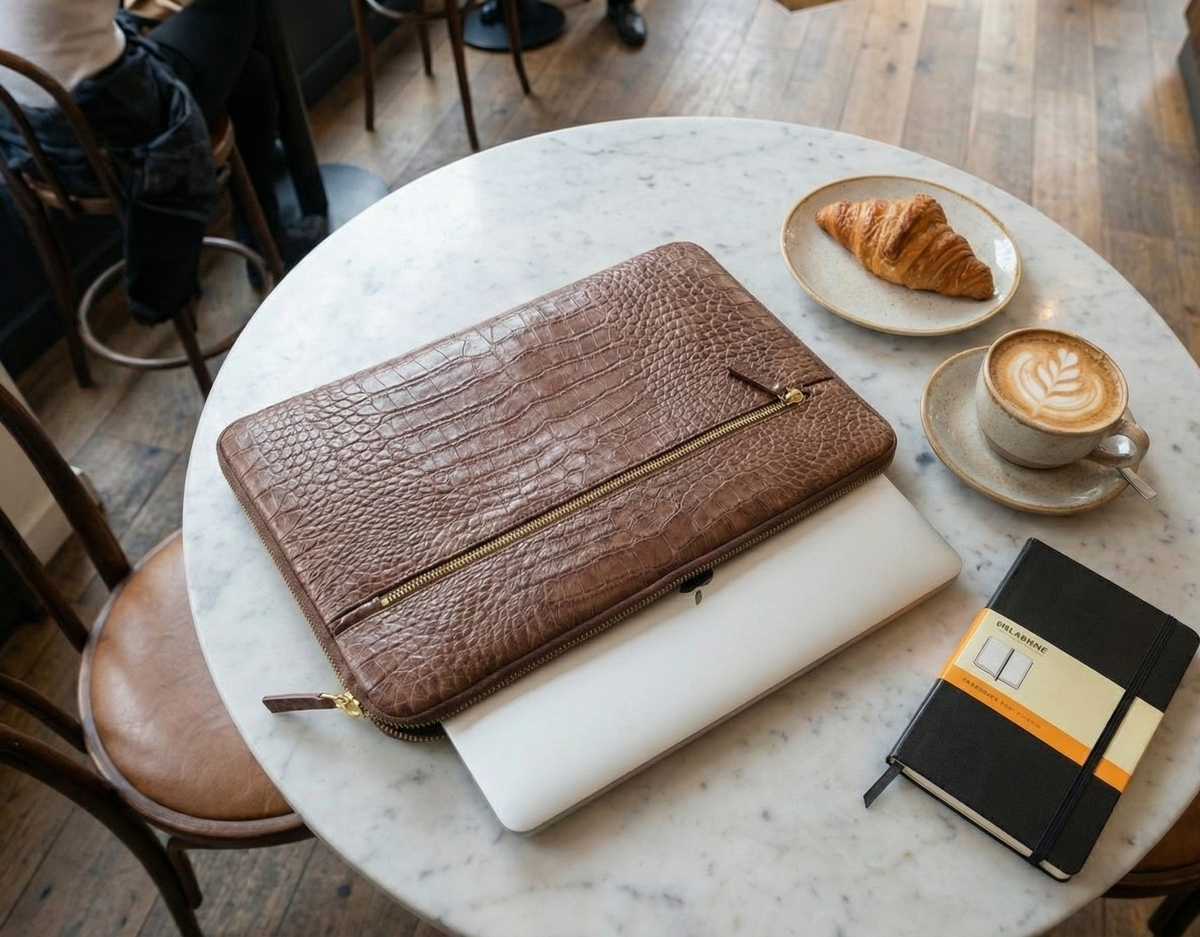 Handmade Croc-Embossed  Leather Laptop Sleeve, Executive Organizer, Gift For Men And Women