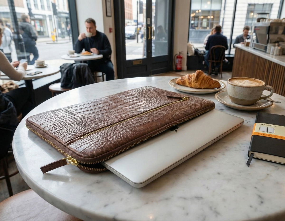 Handmade Croc-Embossed  Leather Laptop Sleeve, Executive Organizer, Gift For Men And Women