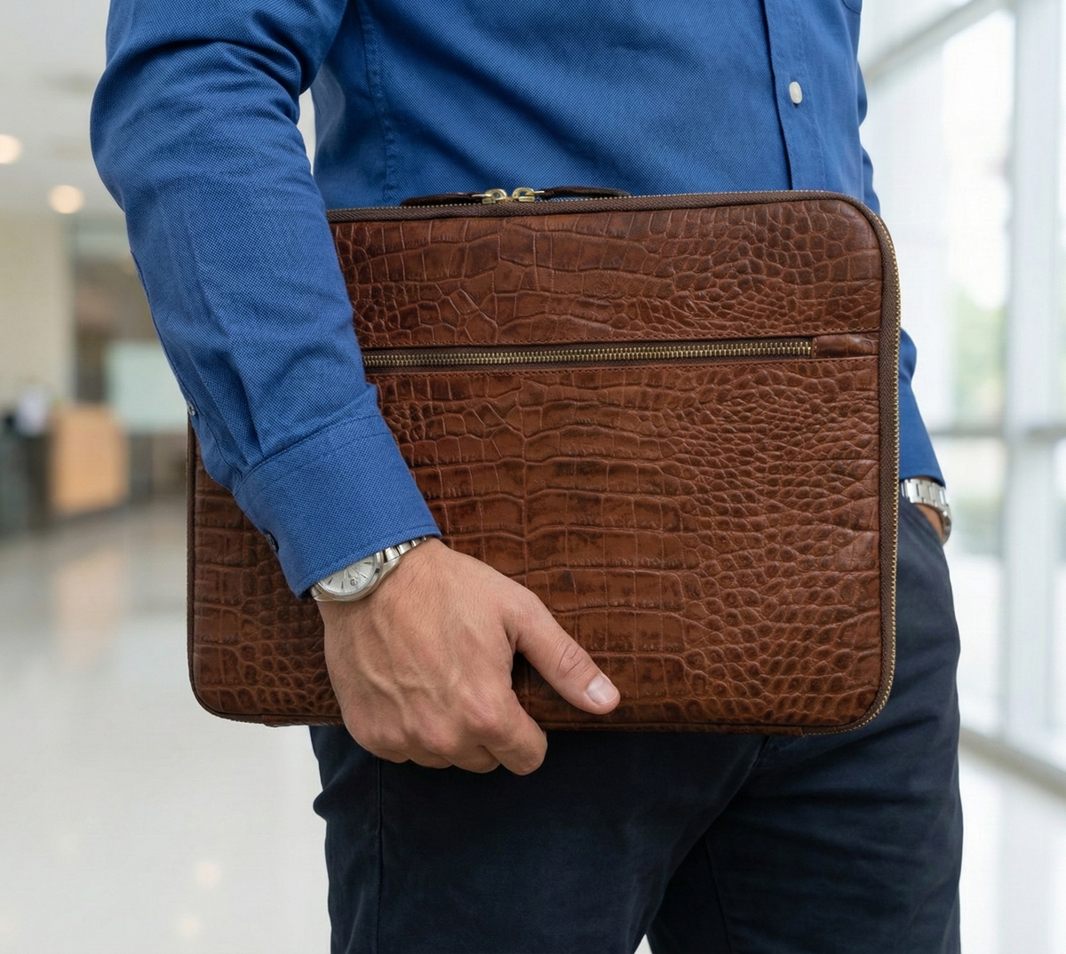 Handmade Croc-Embossed  Leather Laptop Sleeve, Executive Organizer, Gift For Men And Women