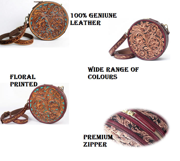 Pure Leather Handbags For women-Handmade Tooled Genuine Leather Round Crossbody Bag – Floral Carved Vintage Western Shoulder bag for Women